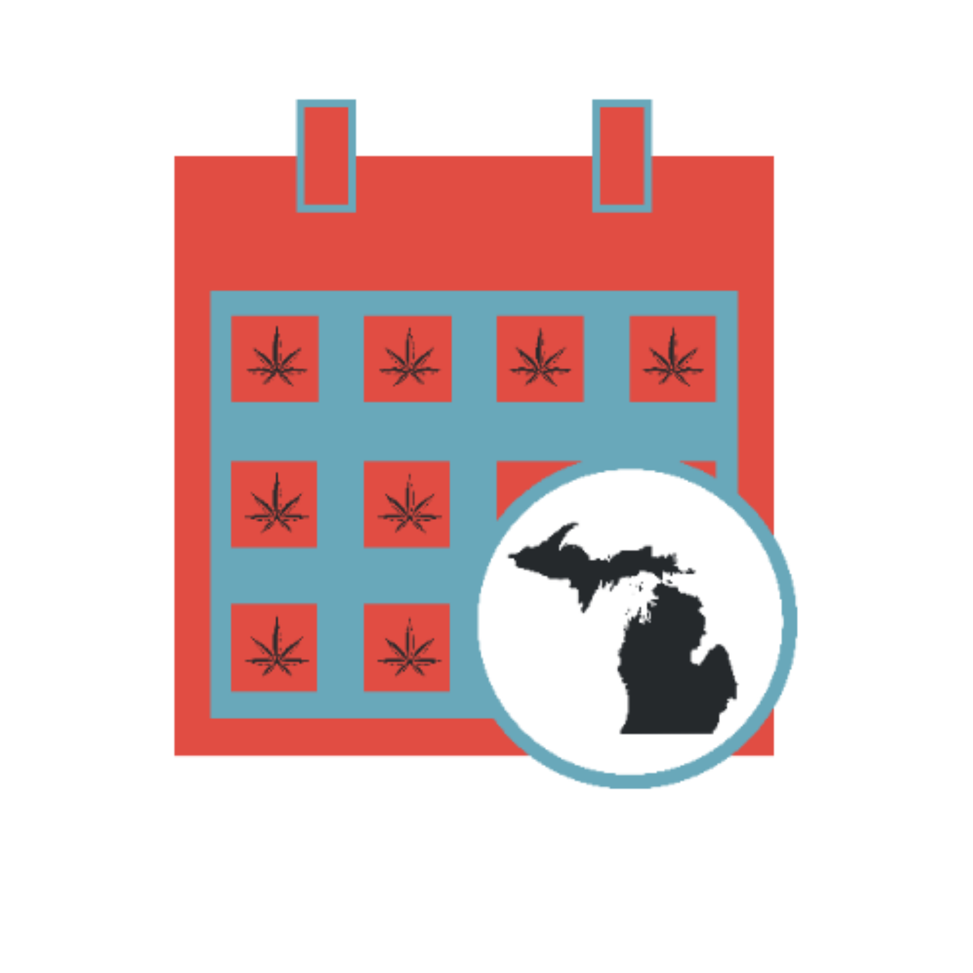 Michigan Cannabis Events logo featuring a calendar marked with cannabis leaves and a silhouette of Michigan.